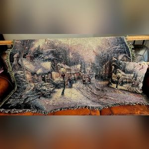 Vintage 1997 Thomas Kinkade Village Christmas Throw Blanket & Pillow